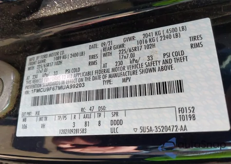 2021 Ford Escape S z USA, uszkodzony, nr VIN 1FMCU9F67MUA99203